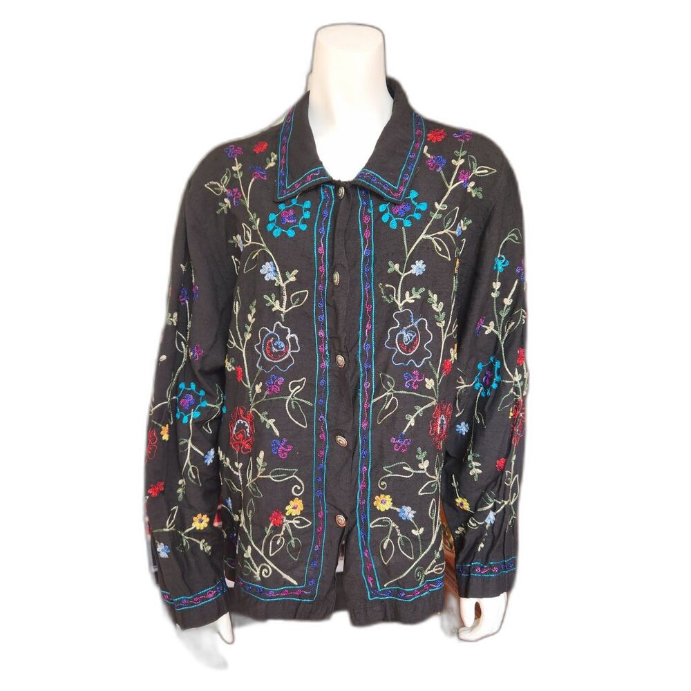 Tantrums Collection Black Embroided Long Sleeve Button Up Top Womens Size Large